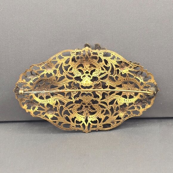 VTG Art Nouveau Floral Filigree Sash Pin 4" Stamped Brass C Clasp Brooch - Picture 3 of 8